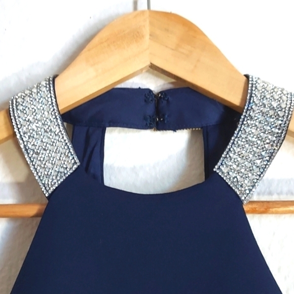 NEW My Michelle Rhinestone Dress Mesh Cutouts High Neck Halter Navy Blue Size 1 - Picture 4 of 16